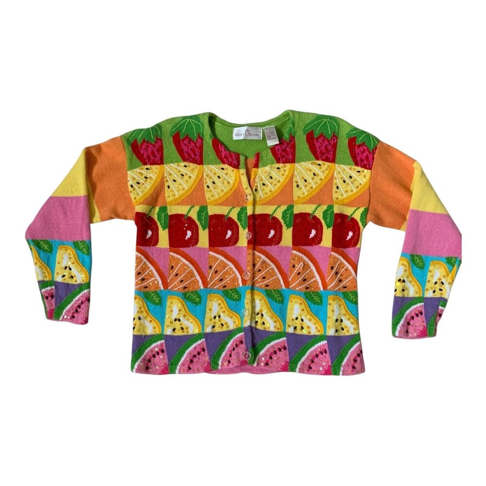Janes Closet Cardigan Women's MEDIUM Beaded Sequins Fruit Artsy Knit Sweater - Picture 2 of 16